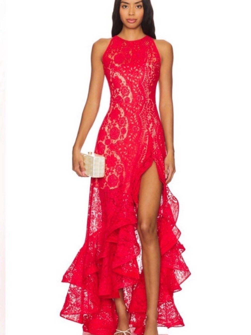Bronx and Banco Red Lace High-Low Halter Gown. Size M fits more like S